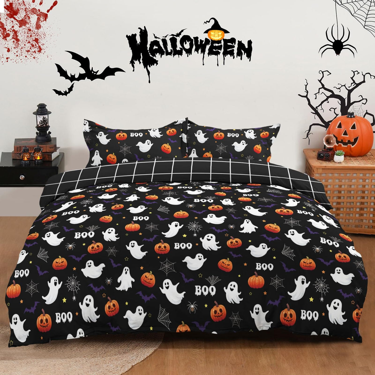 Halloween Duvet Cover Set 3 Pieces with Skull Pumpkin