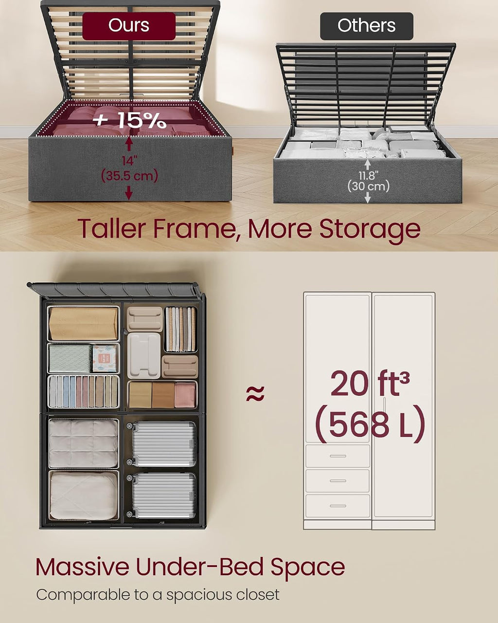 Ottoman Bed Frame with Lift-Up Storage | Hydraulic Lift | Upholstered Headboard | Double & Small Double