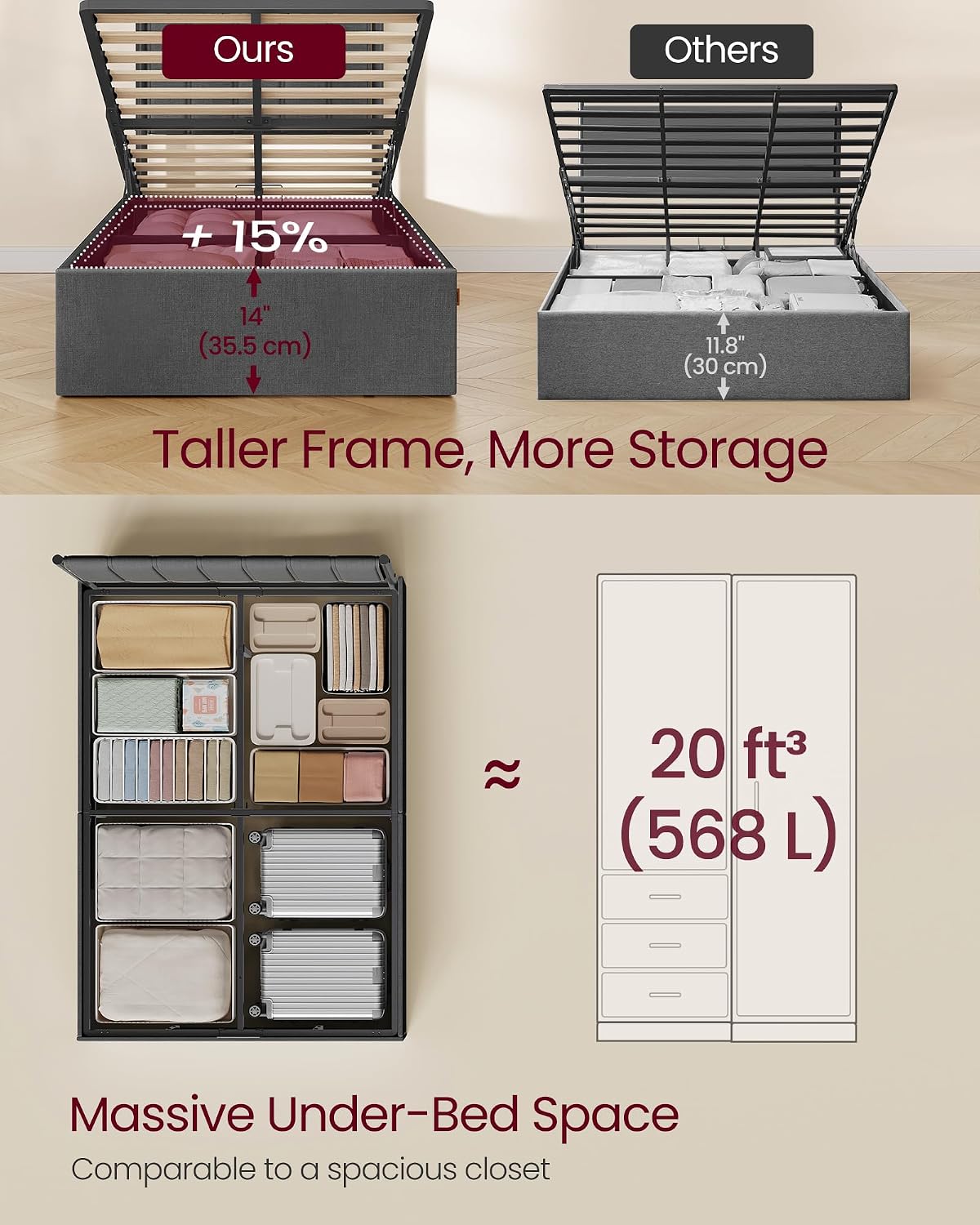Ottoman Bed Frame with Lift-Up Storage | Hydraulic Lift | Upholstered Headboard | Double & Small Double