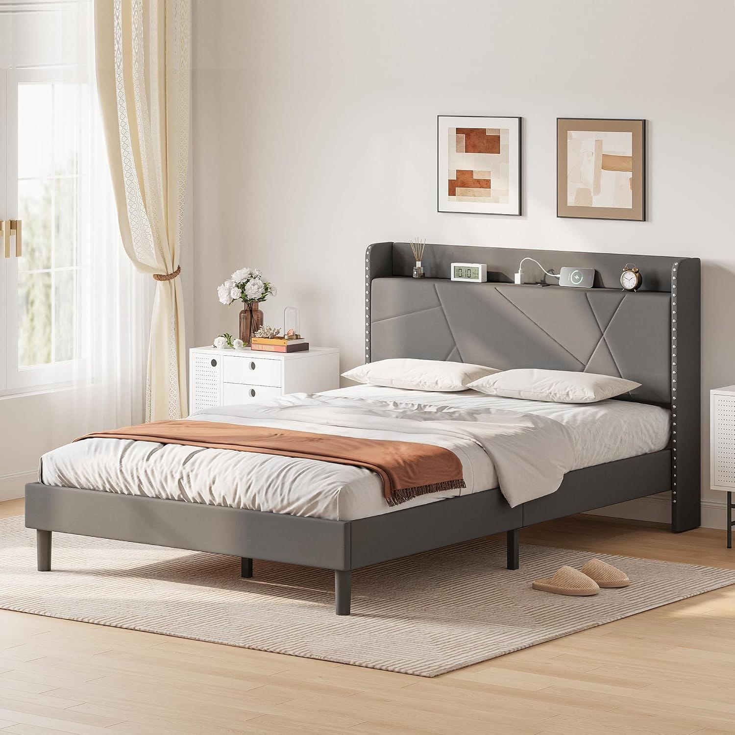 Upholstered Bed Frame with Built-In Charging Station | Linen Headboard | Storage | Single, Double & King