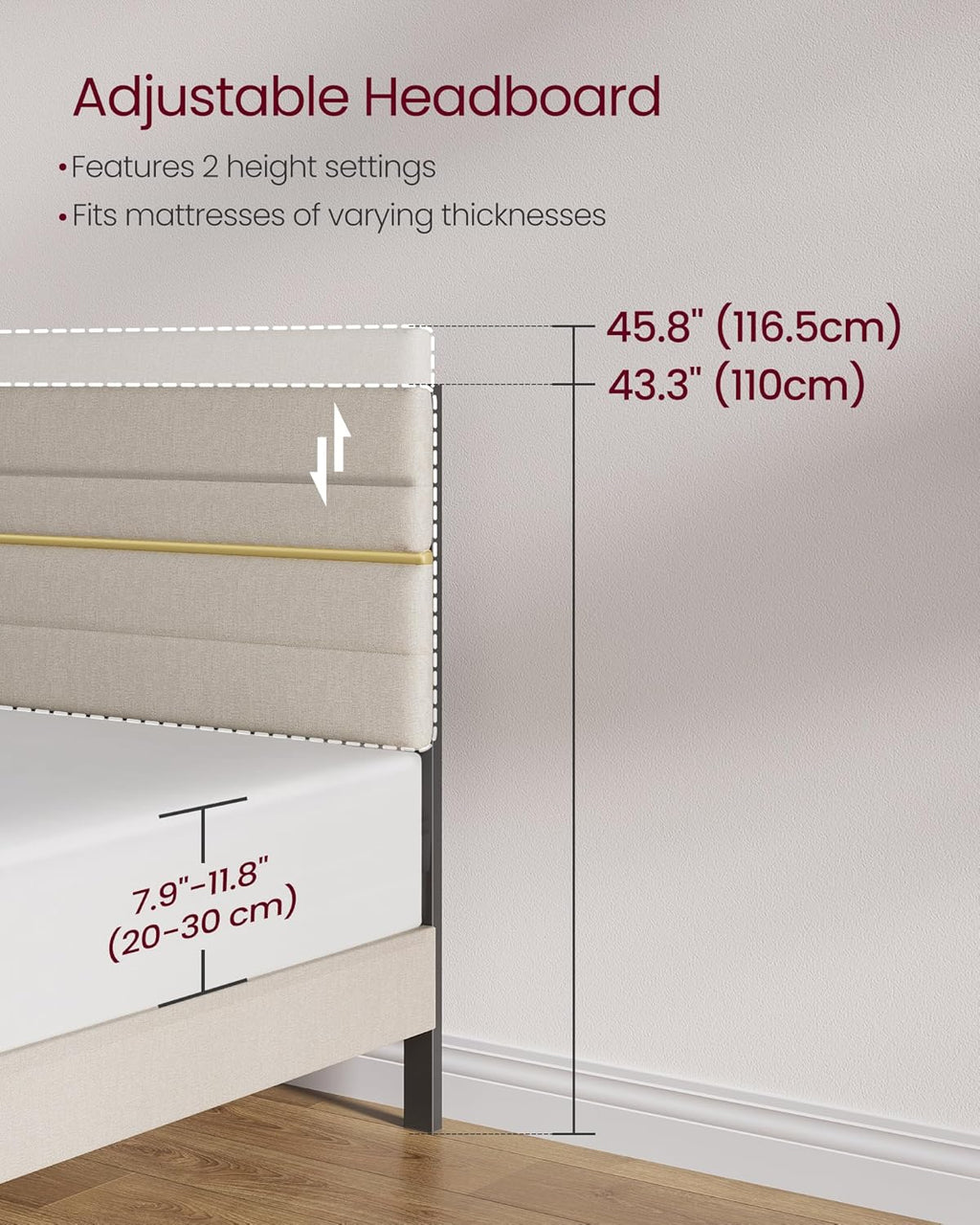 Upholstered Bed Frame | Adjustable Headboard | Metal Frame & Wooden Slats | Double & King