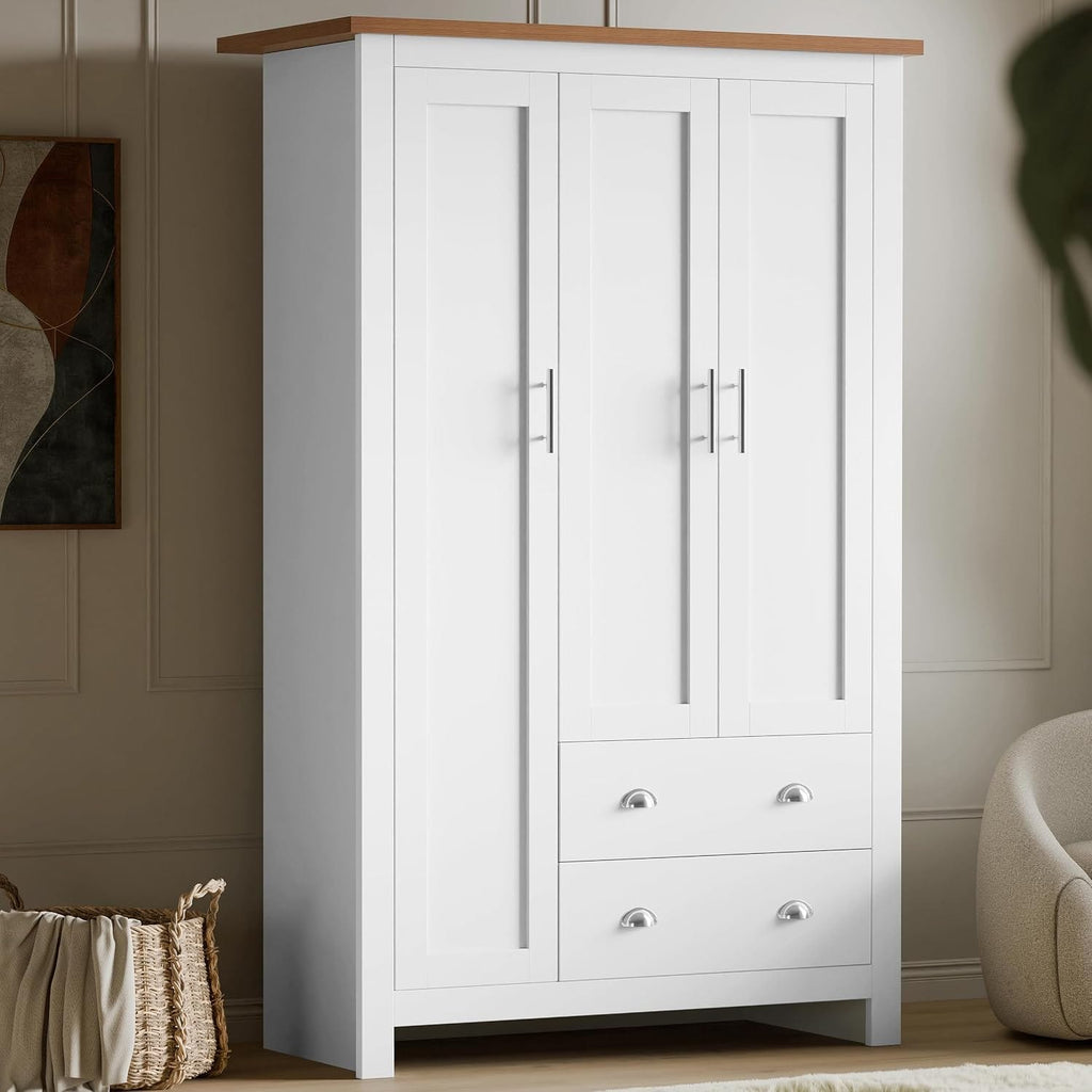 Shano 3 Door Wardrobe with Hanging Rail, 4 Shelves & 2 Drawers | White, Grey & Blue