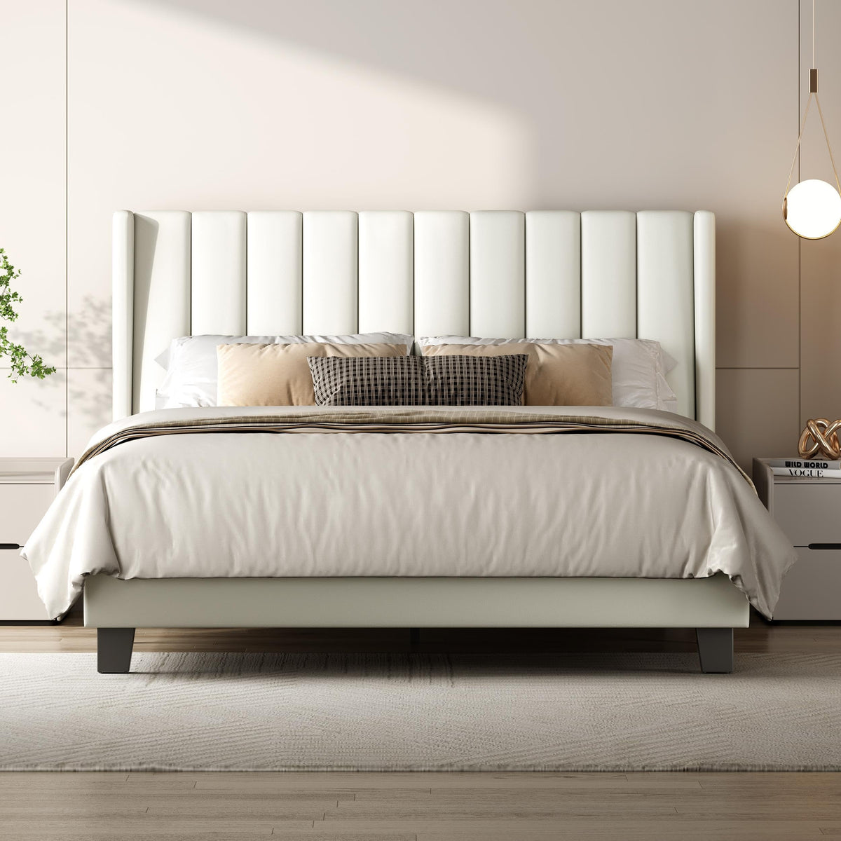 Shano Furniture Channel-Tufted Wing Bed Frame, Double, Beige