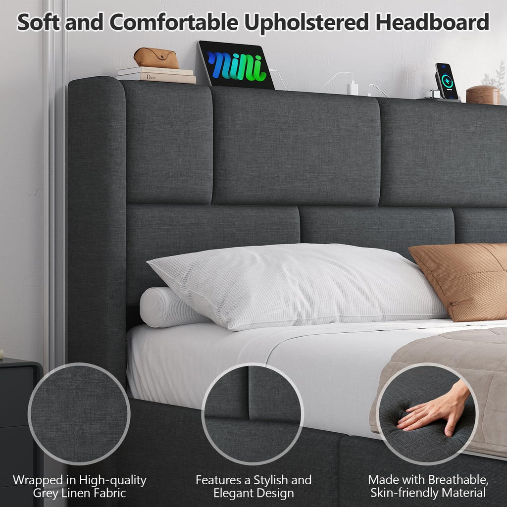 Ottoman Single Bed Frame with Hydraulic Storage, Charging Station & Adjustable Headboard | Grey | 3ft (90x190cm)