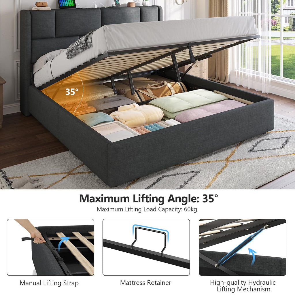 Ottoman Single Bed Frame with Hydraulic Storage, Charging Station & Adjustable Headboard | Grey | 3ft (90x190cm)