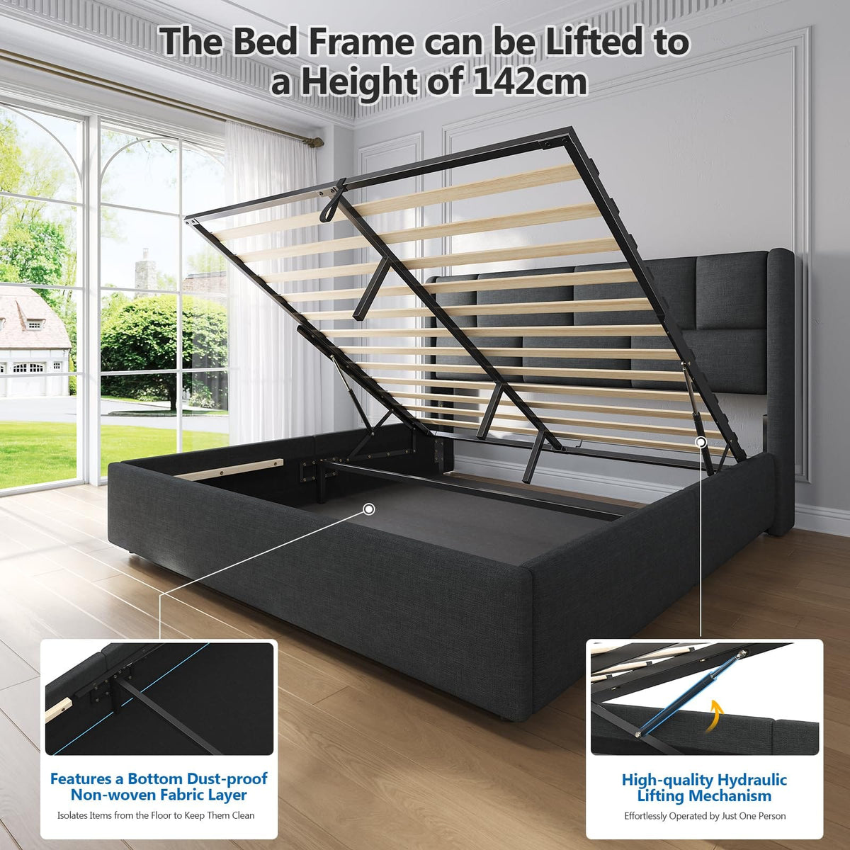 Ottoman Single Bed Frame with Hydraulic Storage, Charging Station & Adjustable Headboard | Grey | 3ft (90x190cm)
