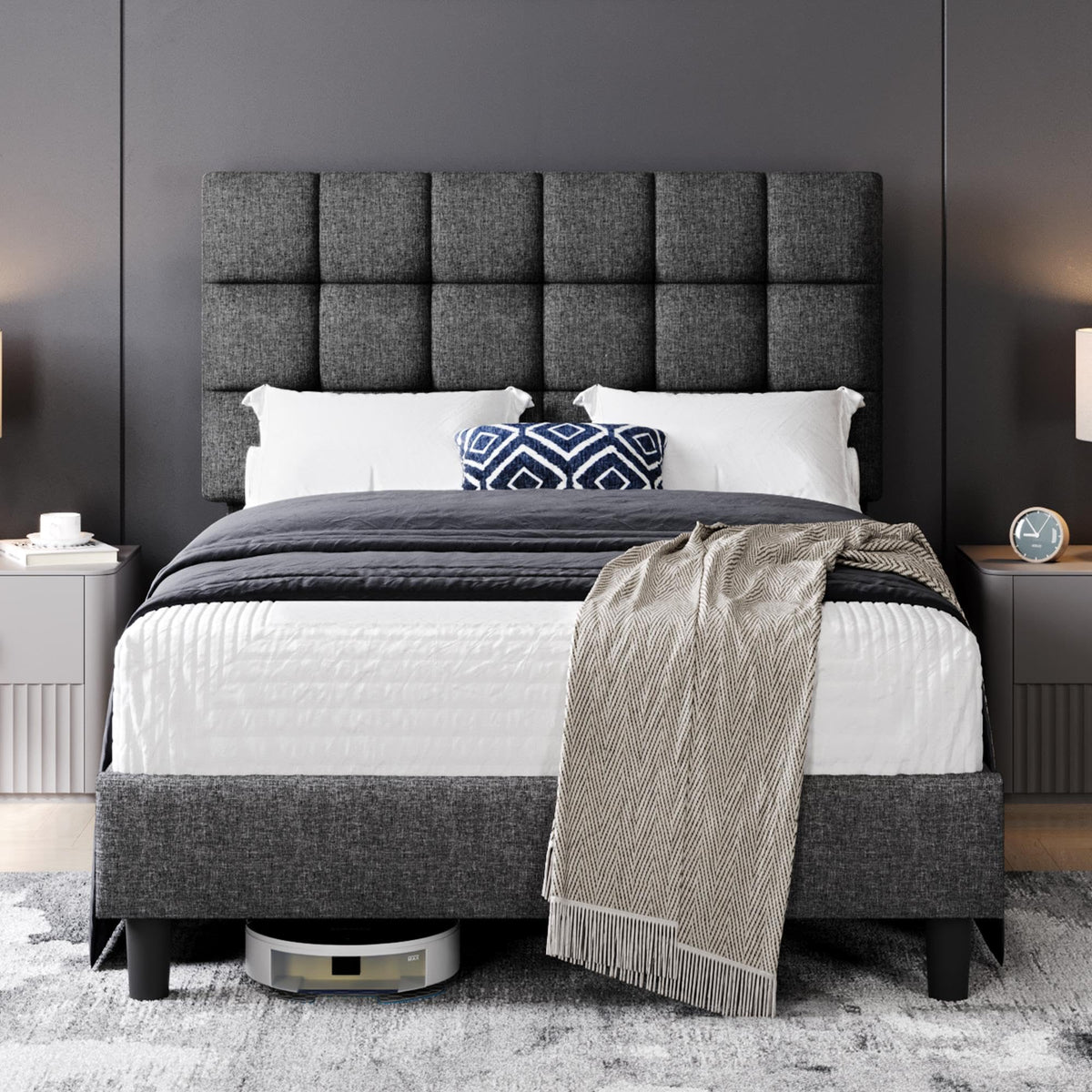 Upholstered Bed Frame with Square Tufted Headboard
