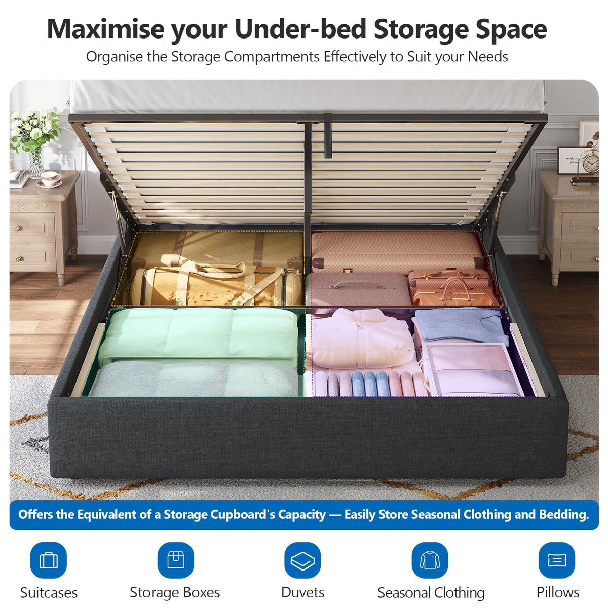 Ottoman Single Bed Frame with Hydraulic Storage, Charging Station & Adjustable Headboard | Grey | 3ft (90x190cm)