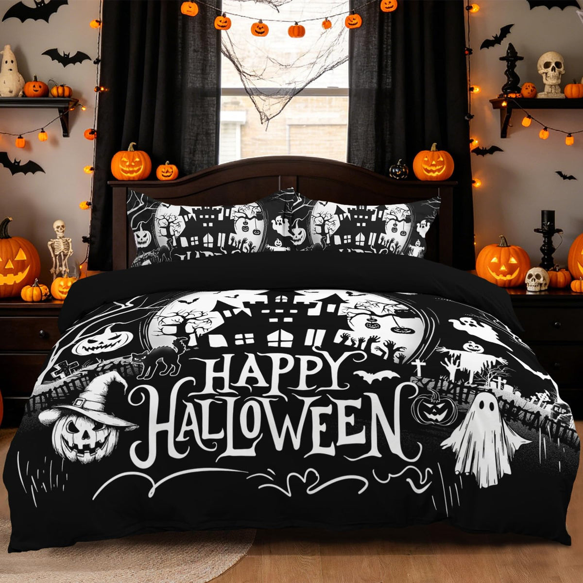 Halloween Duvet Cover Set 3 Pieces with Skull Pumpkin
