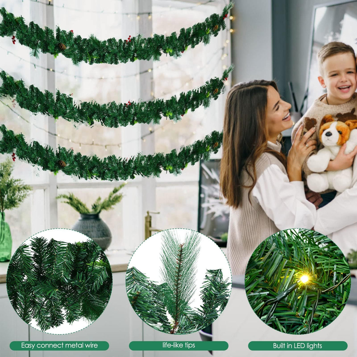 1.8M/6FT Christmas Garland with Lights, Christmas Garlands for Fireplace Stairs PE Artificial Wreath with 50 LED Lights for Xmas Tree Front Door Home Holiday Decor