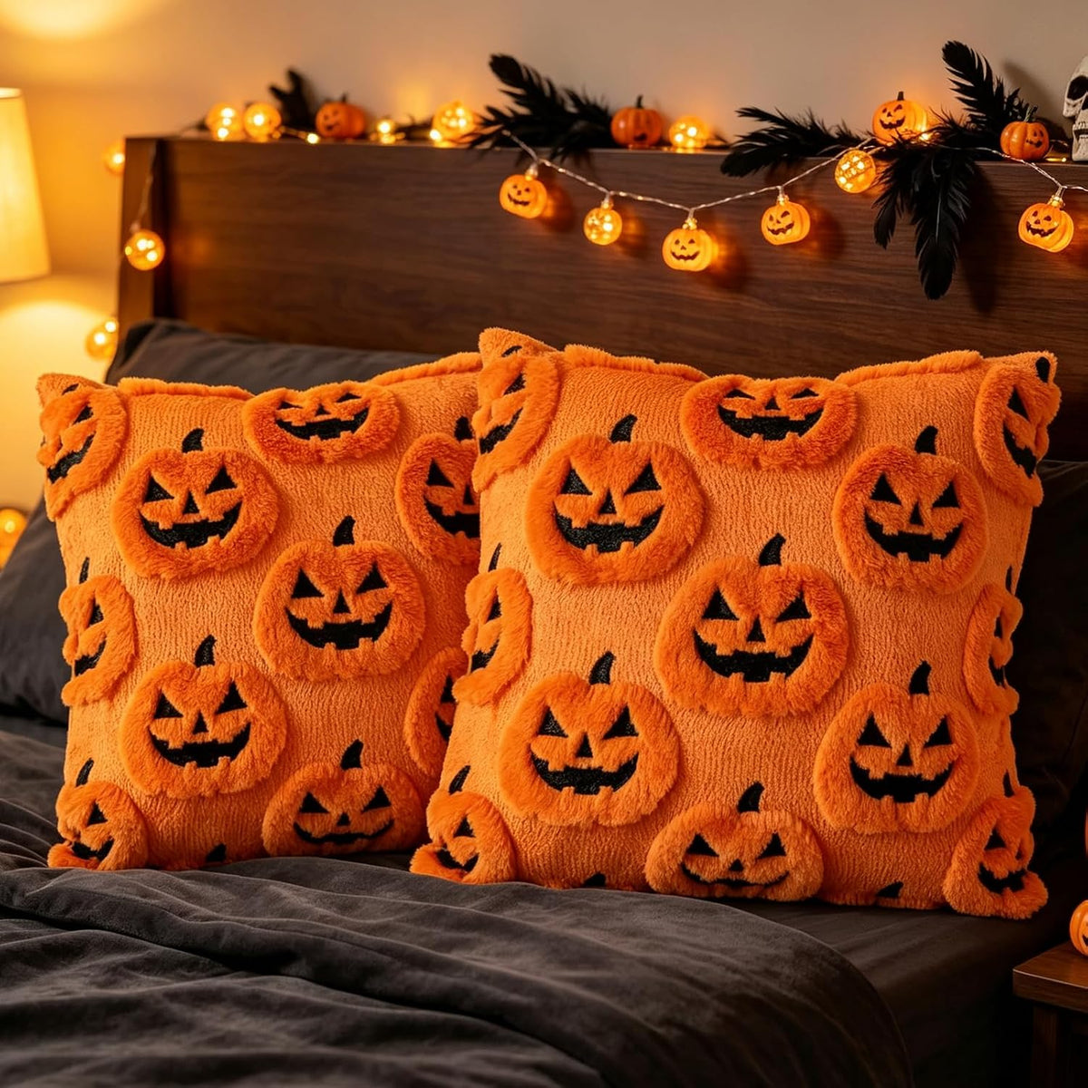 2 PCS Halloween Cushion Covers 45 x 45 cm Halloween Cushions Funny Ghost Pumpkin Cushion, Halloween Home Decor for Sofa Bedroom Living Room Home Decor (Emoticon Pumpkin)