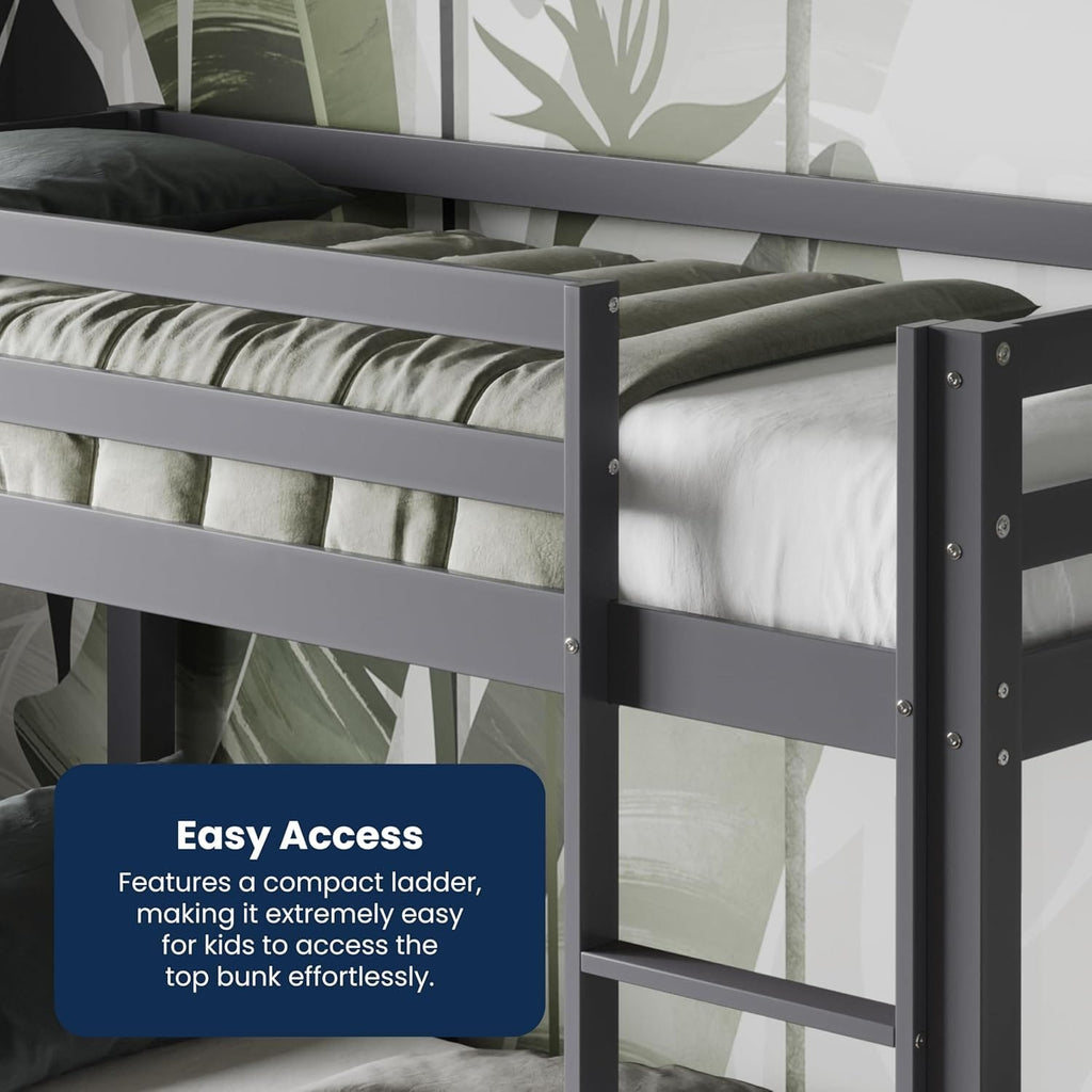 Solid Pine Shorty Bunk Bed for Kids | High Safety Rail | Slatted Base | Space-Saving | Grey & White