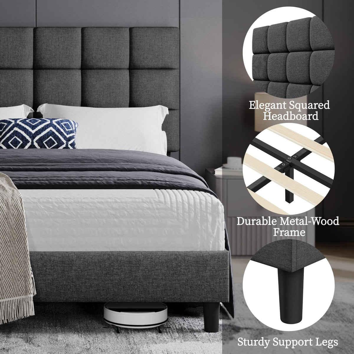 Upholstered Bed Frame with Square Tufted Headboard