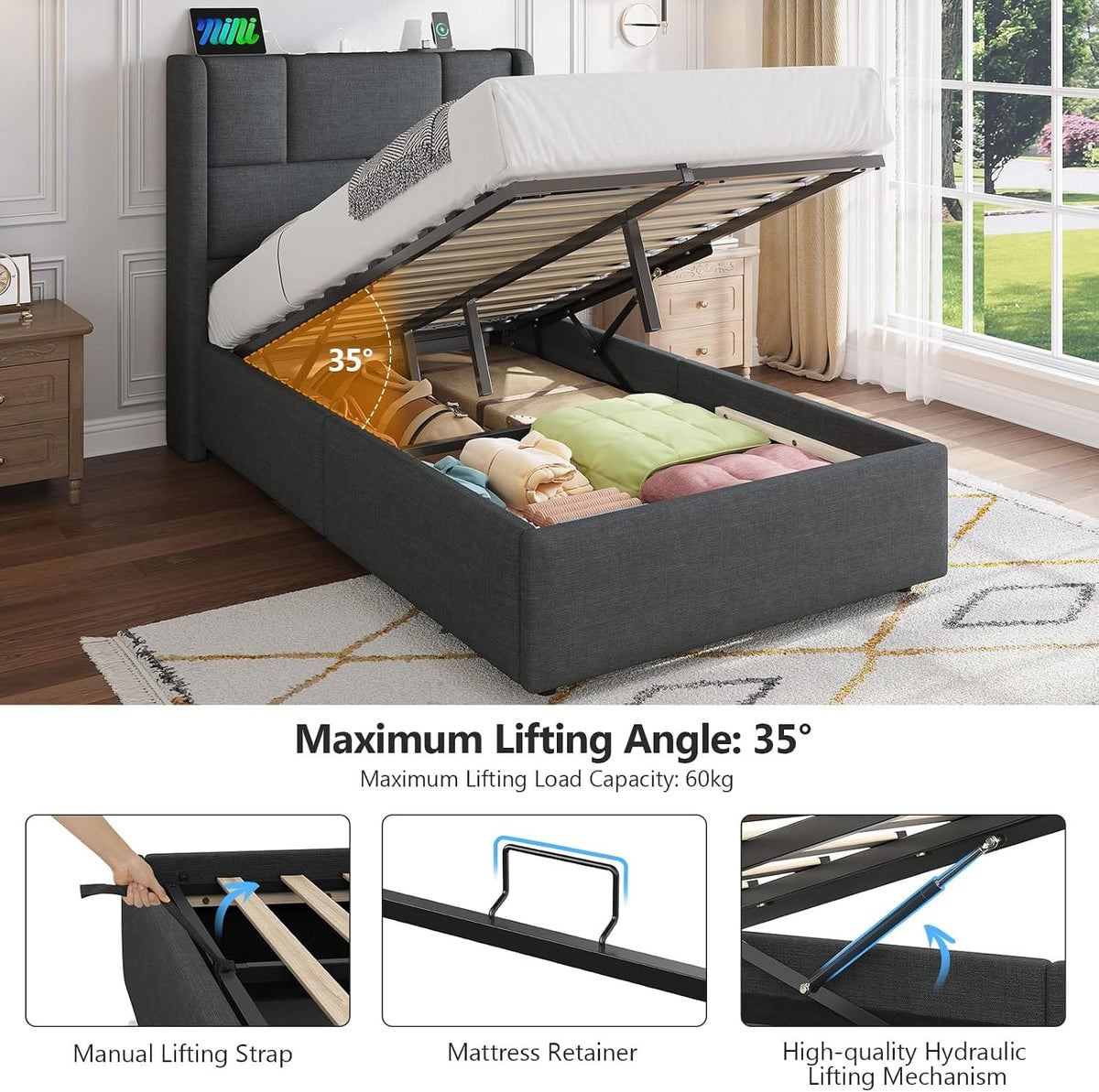Ottoman Single Bed Frame with Hydraulic Storage, Charging Station & Adjustable Headboard | Grey | 3ft (90x190cm)
