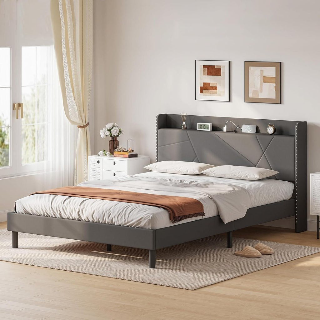 Upholstered Bed Frame with Built-In Charging Station | Linen Headboard | Storage | Single, Double & King