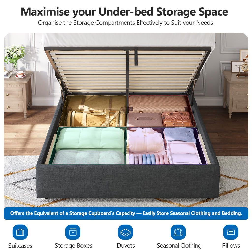 Ottoman Single Bed Frame with Hydraulic Storage, Charging Station & Adjustable Headboard | Grey | 3ft (90x190cm)