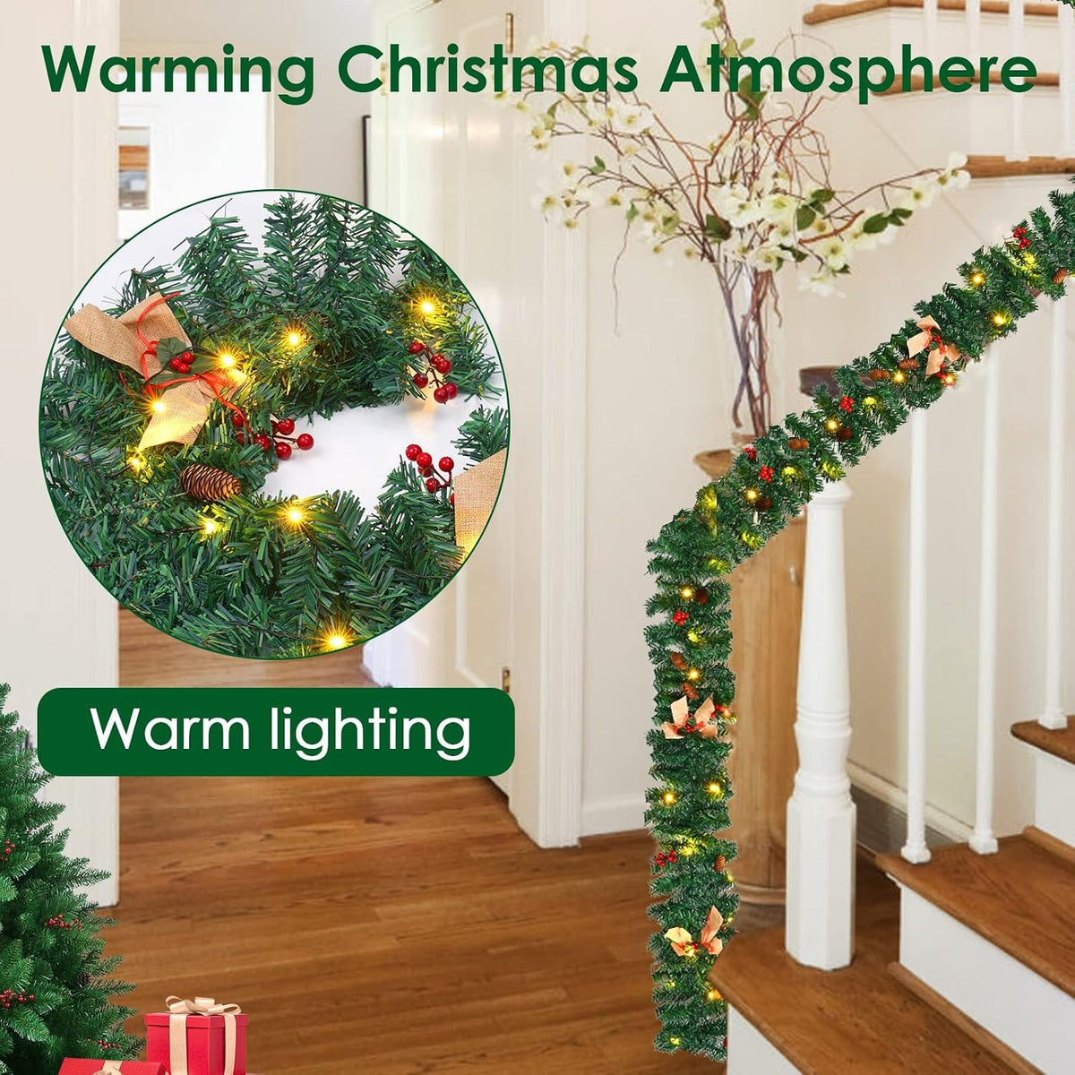 1.8M/6FT Christmas Garland with Lights, Christmas Garlands for Fireplace Stairs PE Artificial Wreath with 50 LED Lights for Xmas Tree Front Door Home Holiday Decor