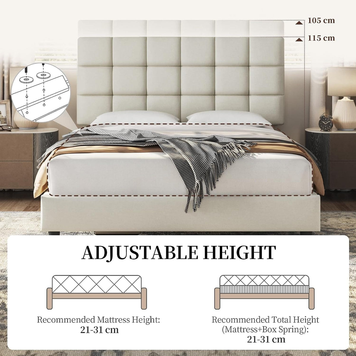 Upholstered Bed Frame with Square Tufted Headboard