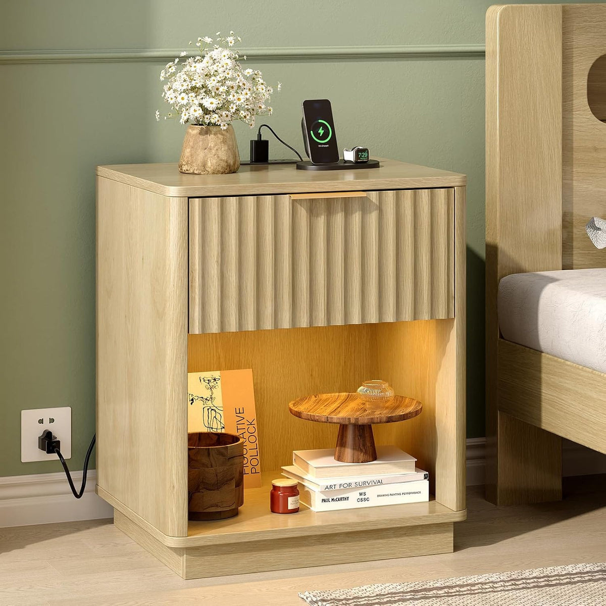 Smart Bedside Table with LED Lights & USB Charging | Fluted Design | 1 or 2 Pack | Oak, Gray Oak & Walnut