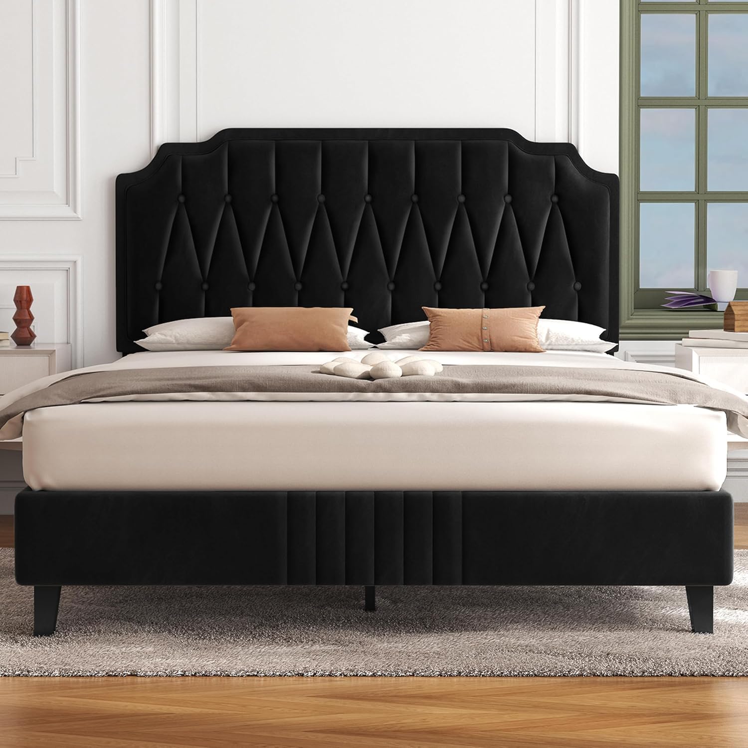 Velvet Upholstered Bed Frame | Button-Tufted Headboard | Wooden Slats | Double & King
