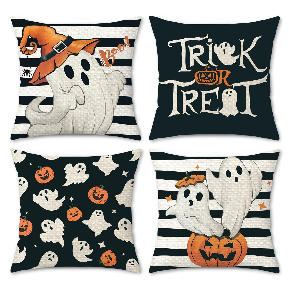 Happy Halloween Cushion Covers 45 x 45 cm Pumpkin Ghost Black Cat Trick or Treat Decorative Pillow Covers Black Pillowcases for Sofa Bed Home Outdoor Decor Set of 4