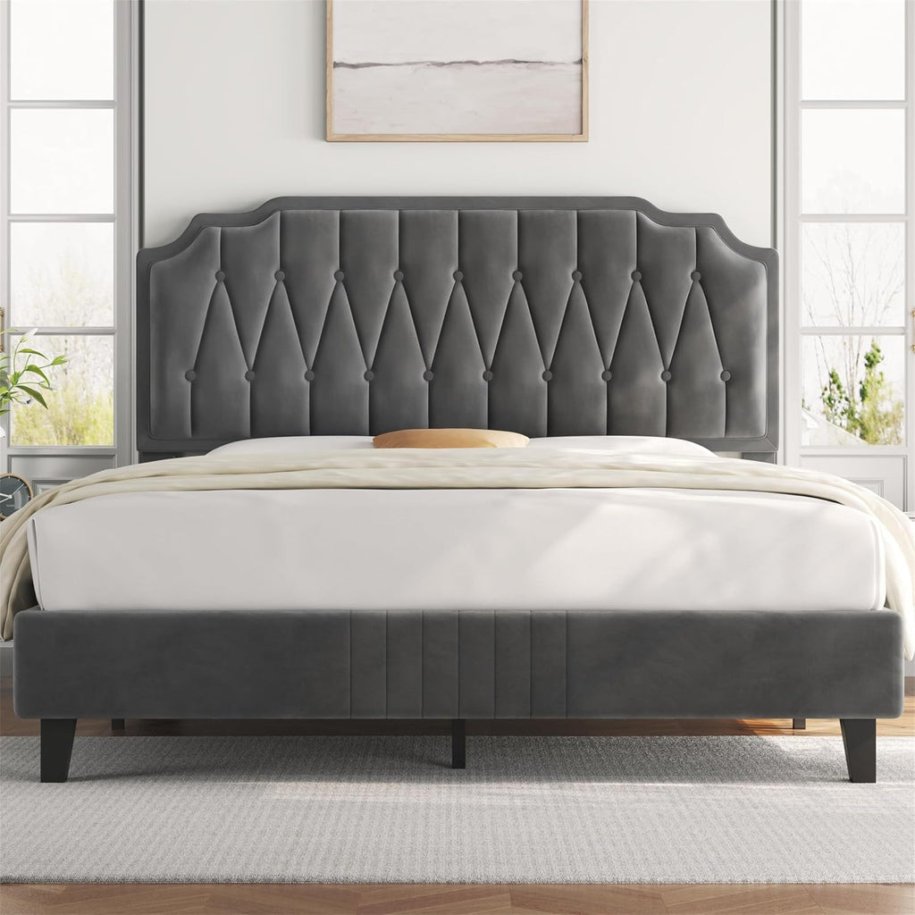 Velvet Upholstered Bed Frame | Button-Tufted Headboard | Wooden Slats | Double & King
