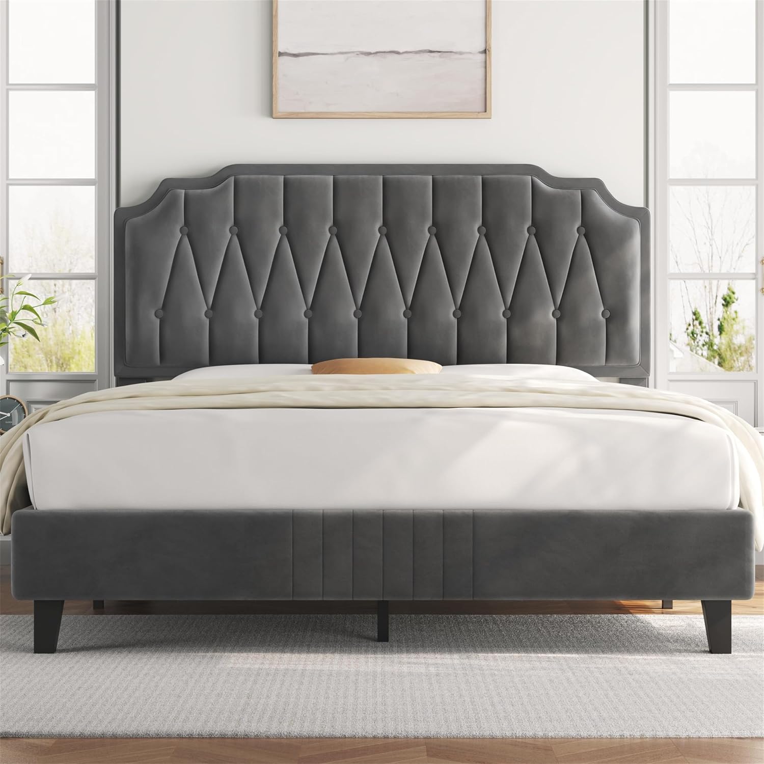 Velvet Upholstered Bed Frame | Button-Tufted Headboard | Wooden Slats | Double & King