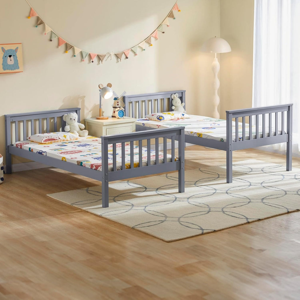 Single Bunk Bed Frame | Solid Pine Wood | Guard Rails & Ladder | Splits into 2 Beds | White & Grey