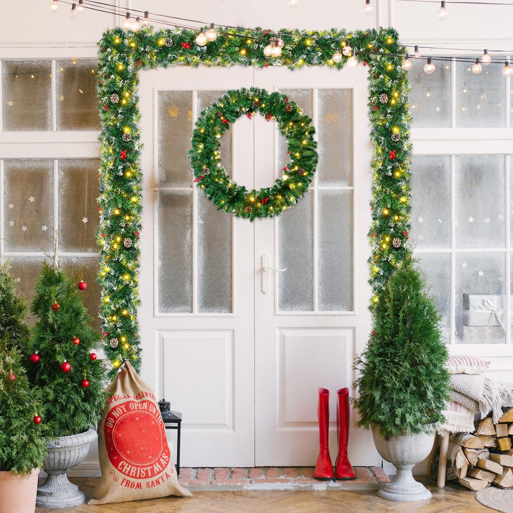 1.8M/6FT Christmas Garland with Lights, Christmas Garlands for Fireplace Stairs PE Artificial Wreath with 50 LED Lights for Xmas Tree Front Door Home Holiday Decor