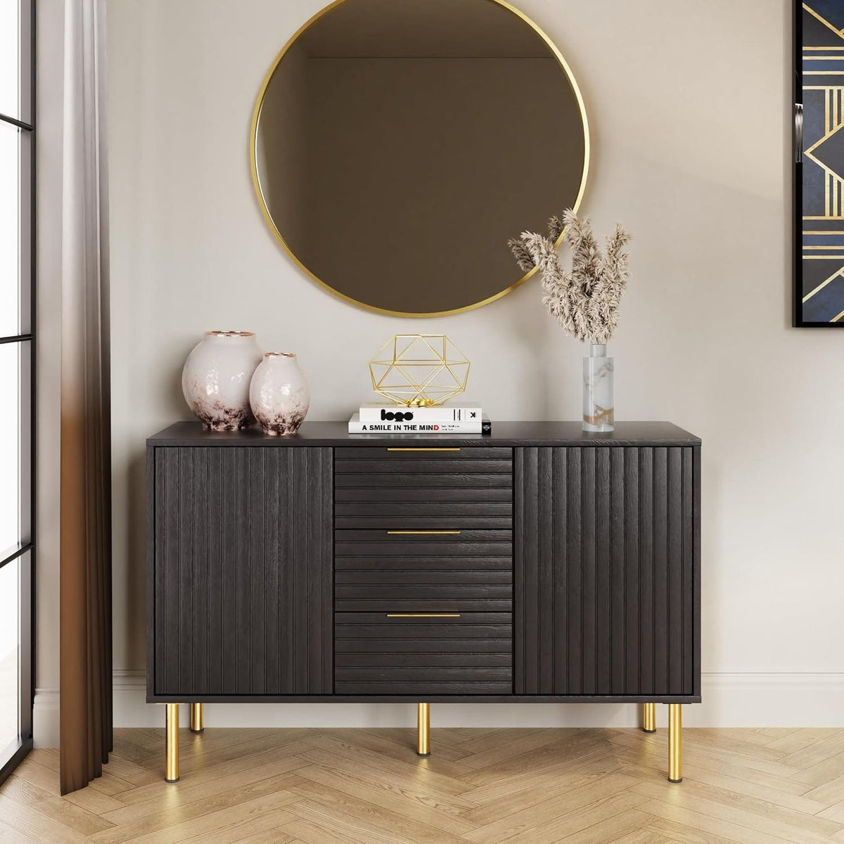 Art Deco Sideboard with 3 Drawers & 2 Doors | Wood Grain Finish | Brushed Metal Handles | Oak, Ivory & Black