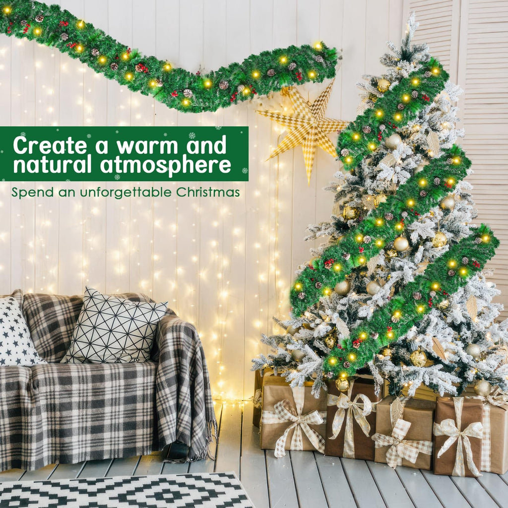 1.8M/6FT Christmas Garland with Lights, Christmas Garlands for Fireplace Stairs PE Artificial Wreath with 50 LED Lights for Xmas Tree Front Door Home Holiday Decor
