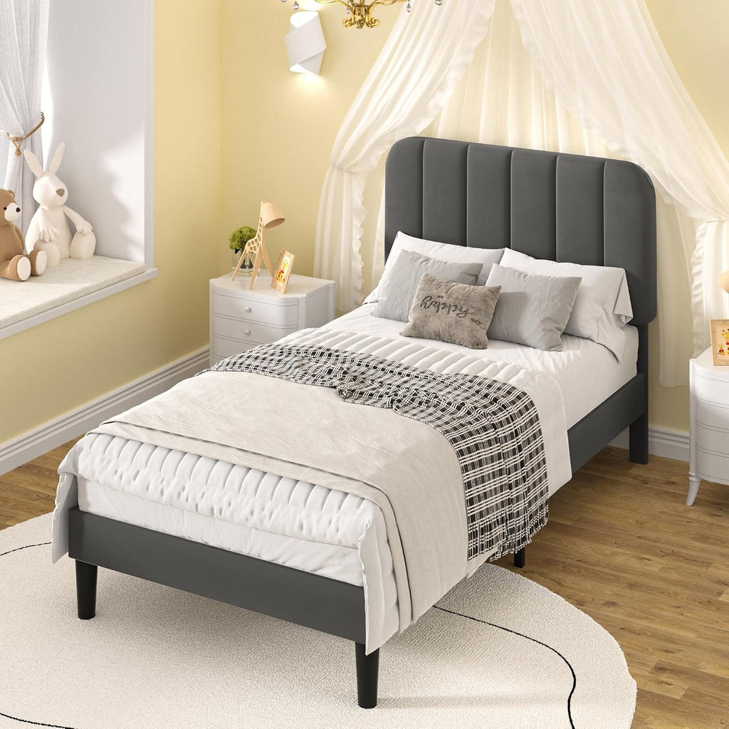 Double Bed Frame with 4 Storage Drawers | Velvet Upholstered Headboard | Wooden Slats | Beige & Grey