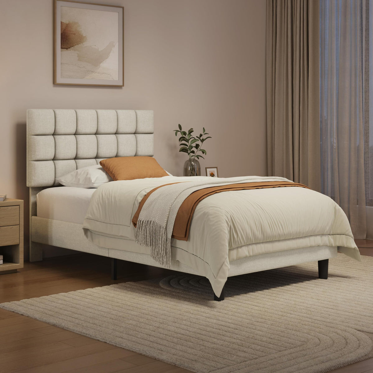 Upholstered Bed Frame with Square Tufted Headboard