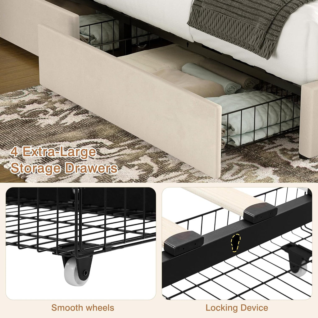Double Bed Frame with 4 Storage Drawers | Velvet Upholstered Headboard | Wooden Slats | Beige & Grey