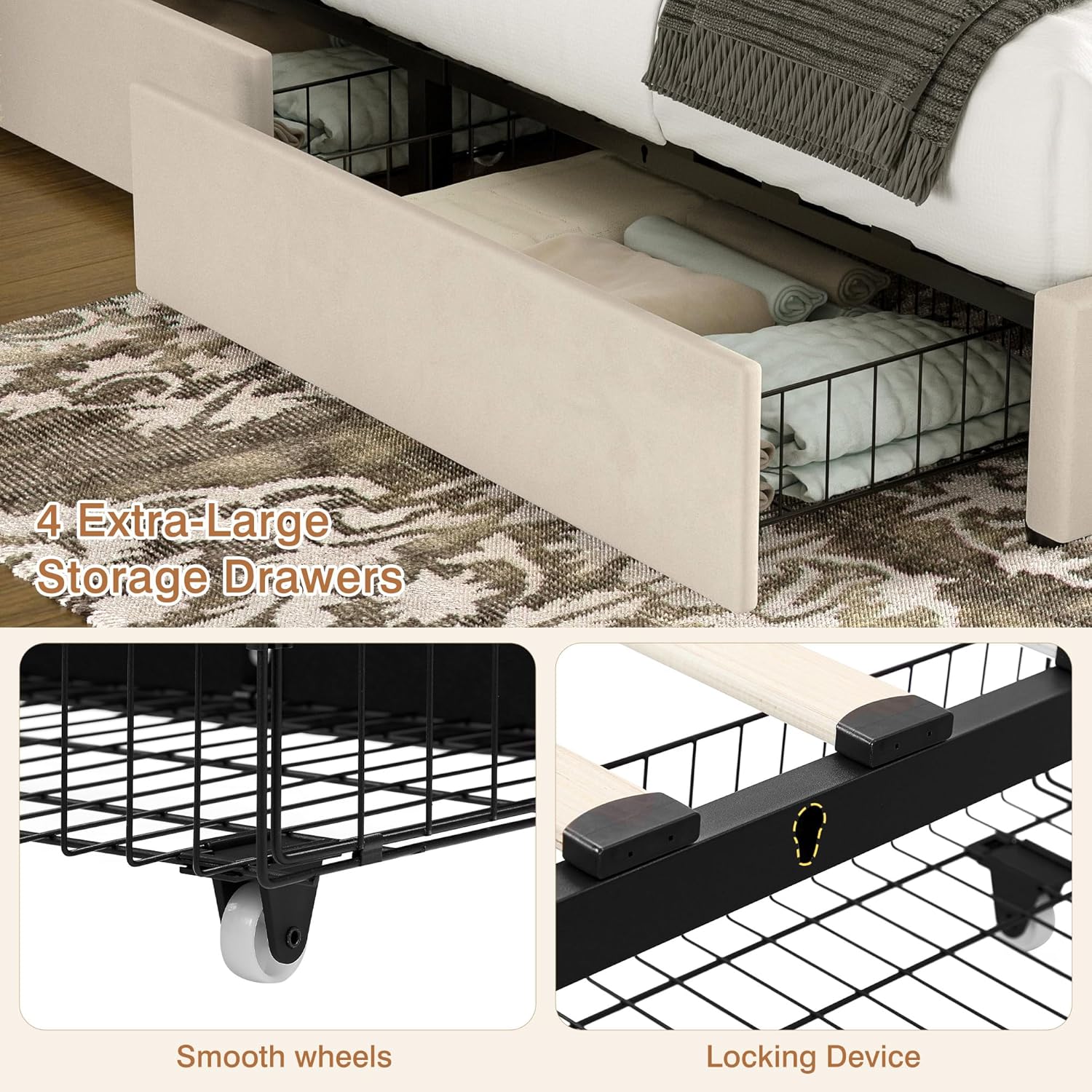 Double Bed Frame with 4 Storage Drawers | Velvet Upholstered Headboard | Wooden Slats | Beige & Grey