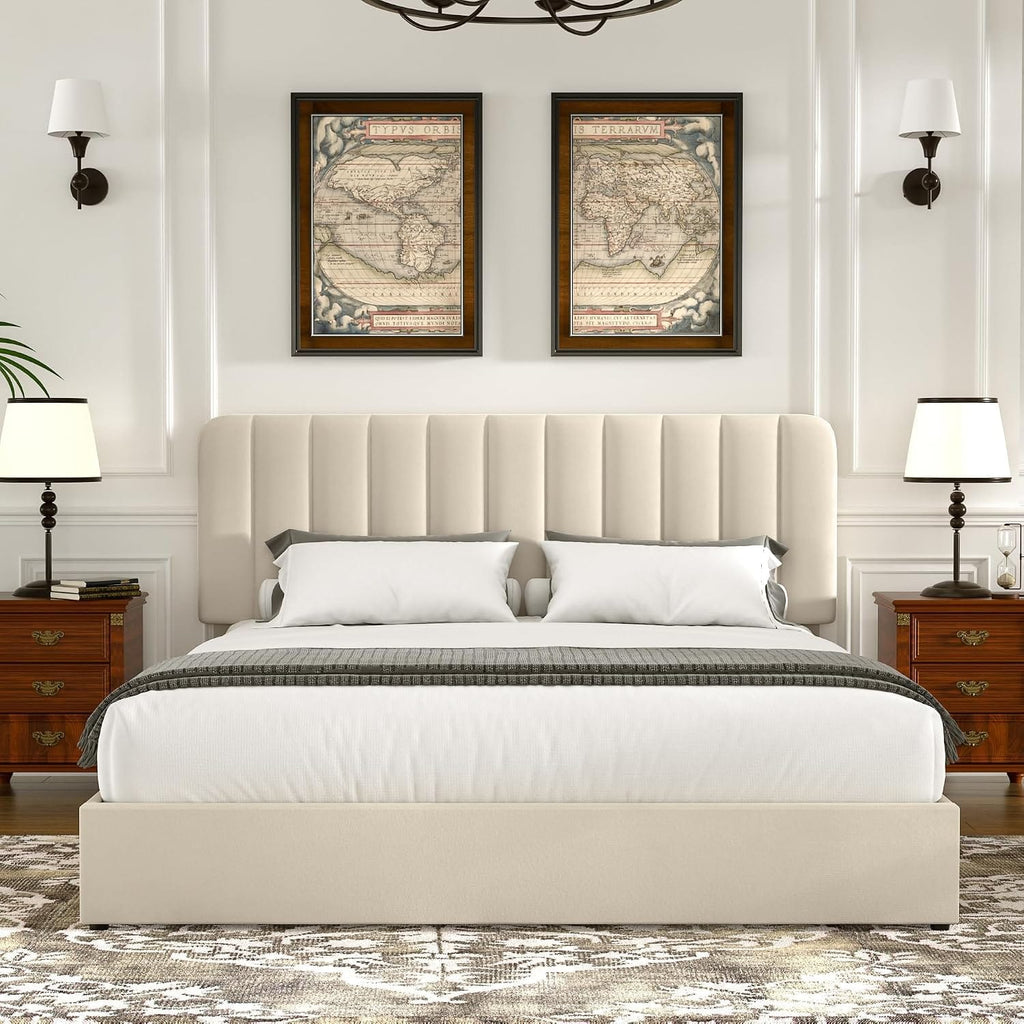 Double Bed Frame with 4 Storage Drawers | Velvet Upholstered Headboard | Wooden Slats | Beige & Grey