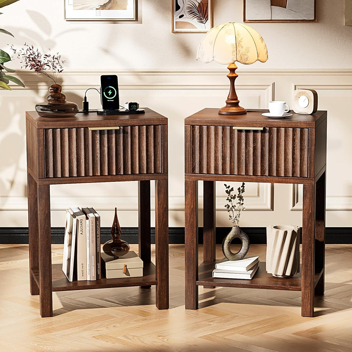 Smart Bedside Table with LED Lights & USB Charging | Fluted Design | 1 or 2 Pack | Oak, Gray Oak & Walnut