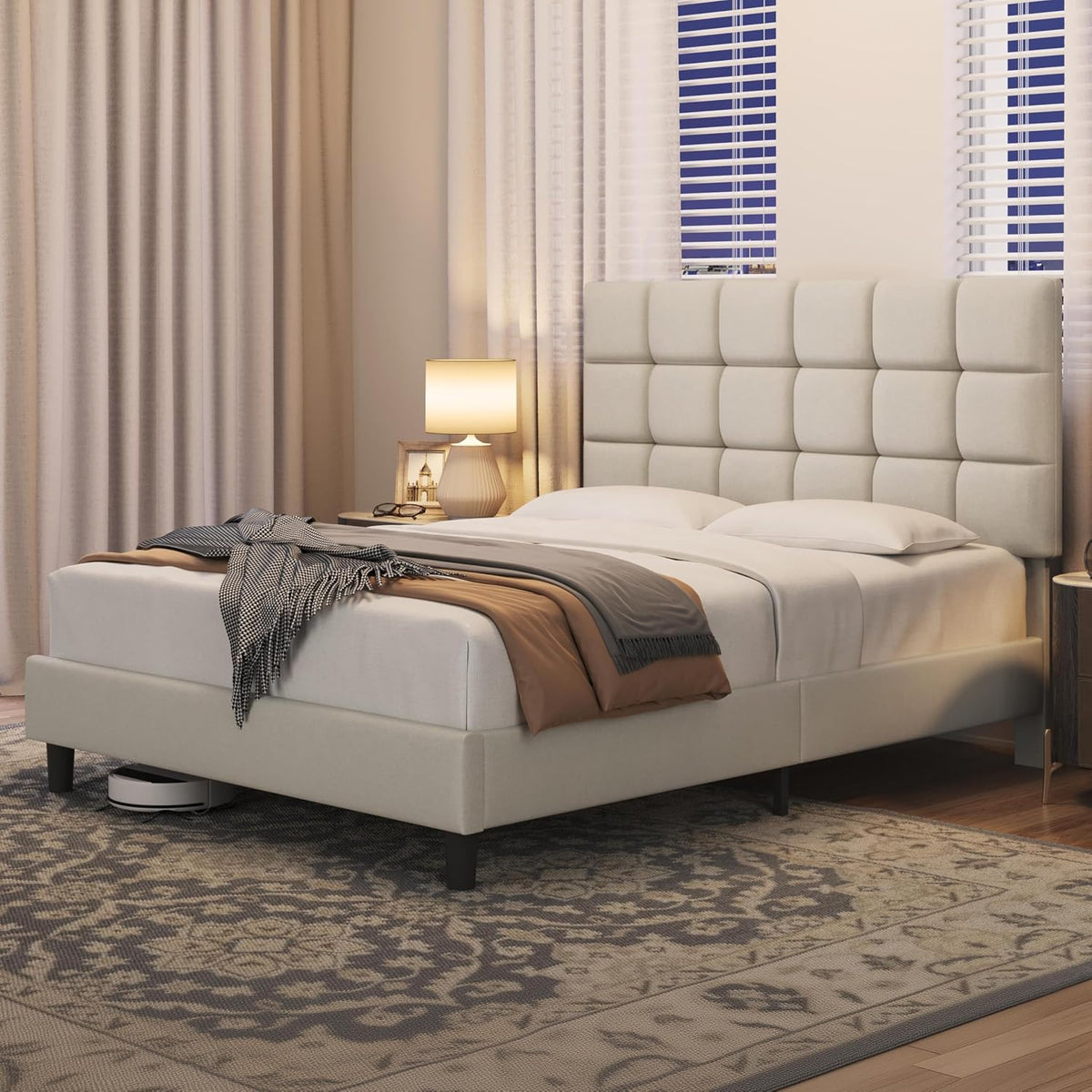 Upholstered Bed Frame with Square Tufted Headboard