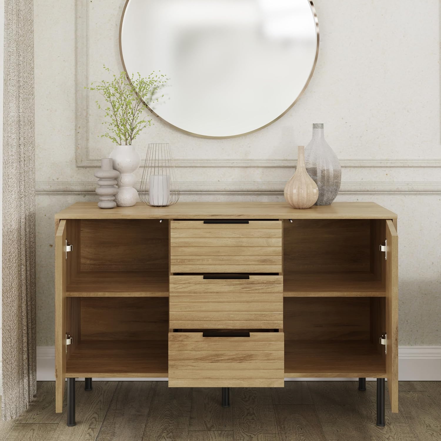 Art Deco Sideboard with 3 Drawers & 2 Doors | Wood Grain Finish | Brushed Metal Handles | Oak, Ivory & Black