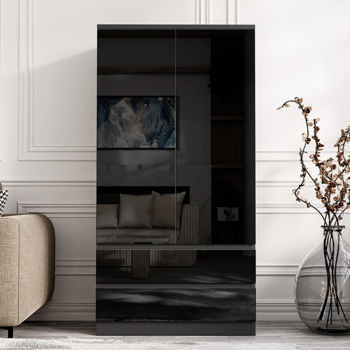 Shano High Gloss Wardrobe for Bedroom – White 2 Door & 2 Drawers Wooden Wardrobe with Hanging Rail, Modern Double Clothes Storage Cupboard Unit for Bedroom Furniture