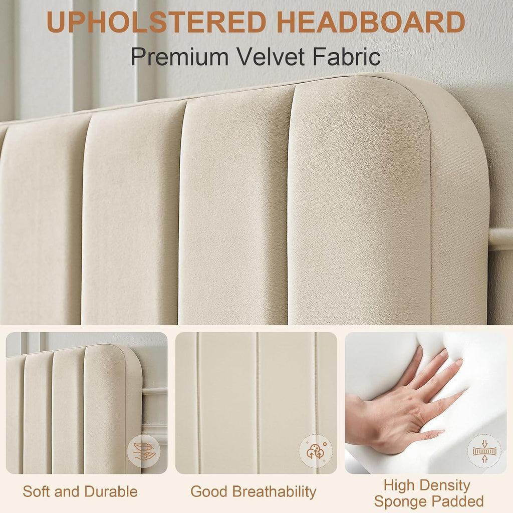 Double Bed Frame with 4 Storage Drawers | Velvet Upholstered Headboard | Wooden Slats | Beige & Grey