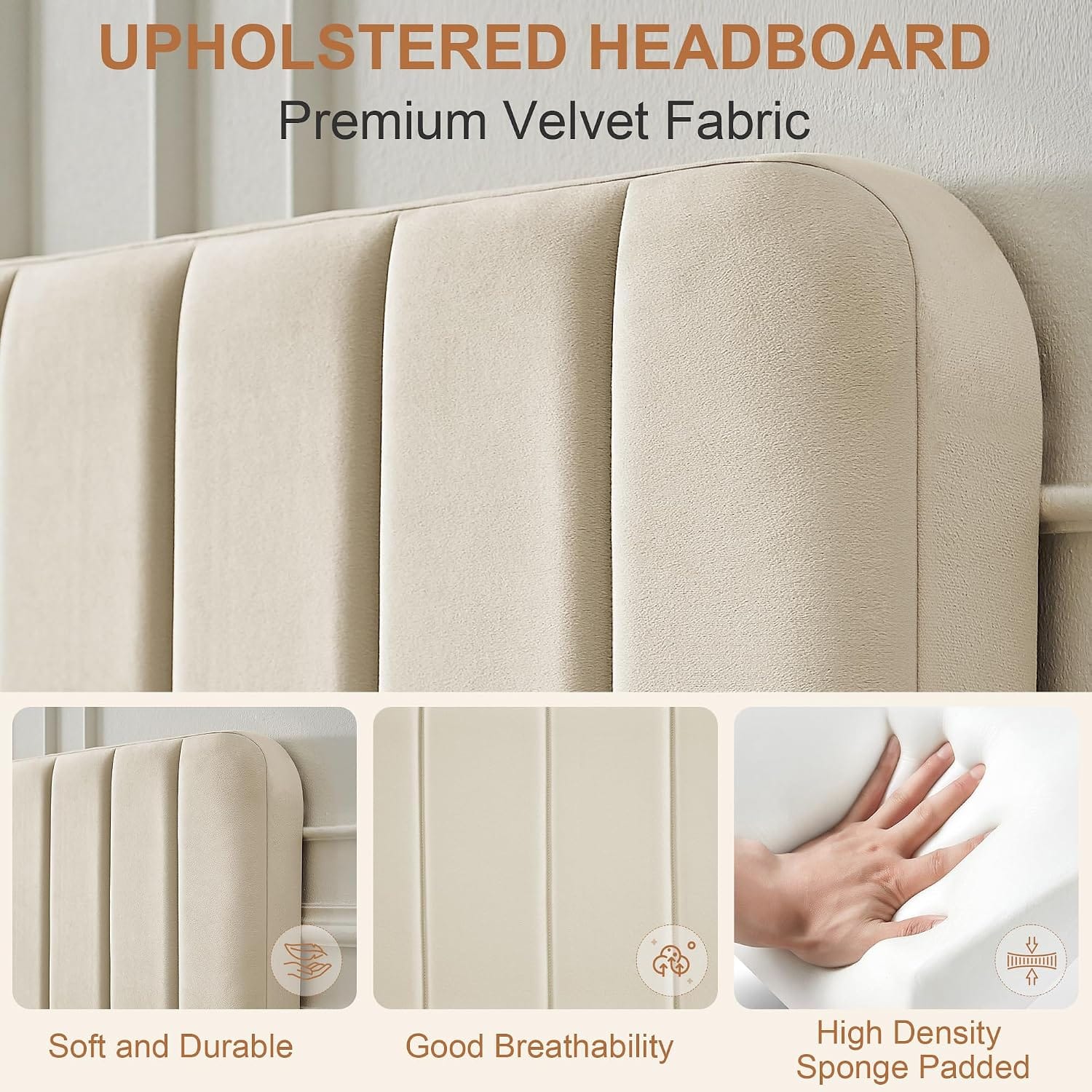 Double Bed Frame with 4 Storage Drawers | Velvet Upholstered Headboard | Wooden Slats | Beige & Grey