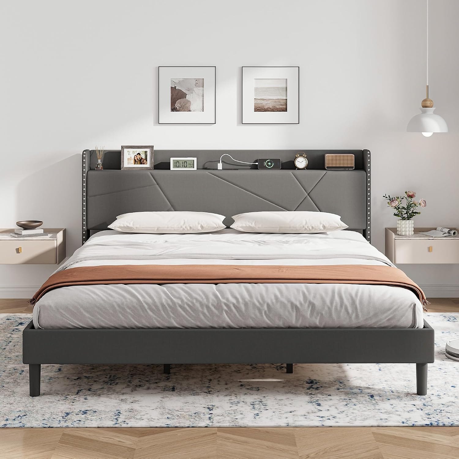 Upholstered Bed Frame with Built-In Charging Station | Linen Headboard | Storage | Single, Double & King