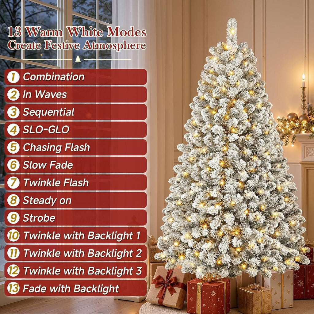 Shano's Pre Lit Christmas Tree Snow Flocked with 13 Modes & 932 Tips