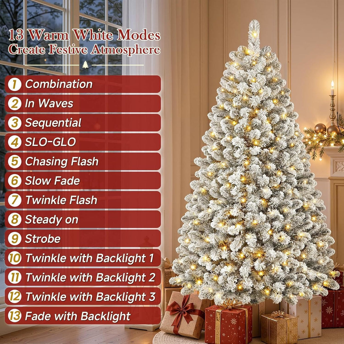 Shano's Pre Lit Christmas Tree Snow Flocked with 13 Modes & 932 Tips