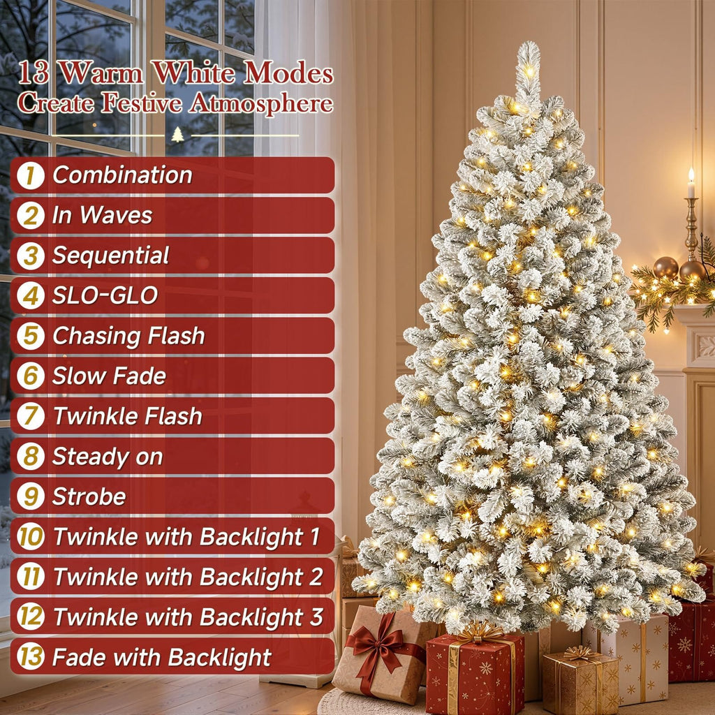 Shano's Pre Lit Christmas Tree Snow Flocked with 13 Modes & 932 Tips