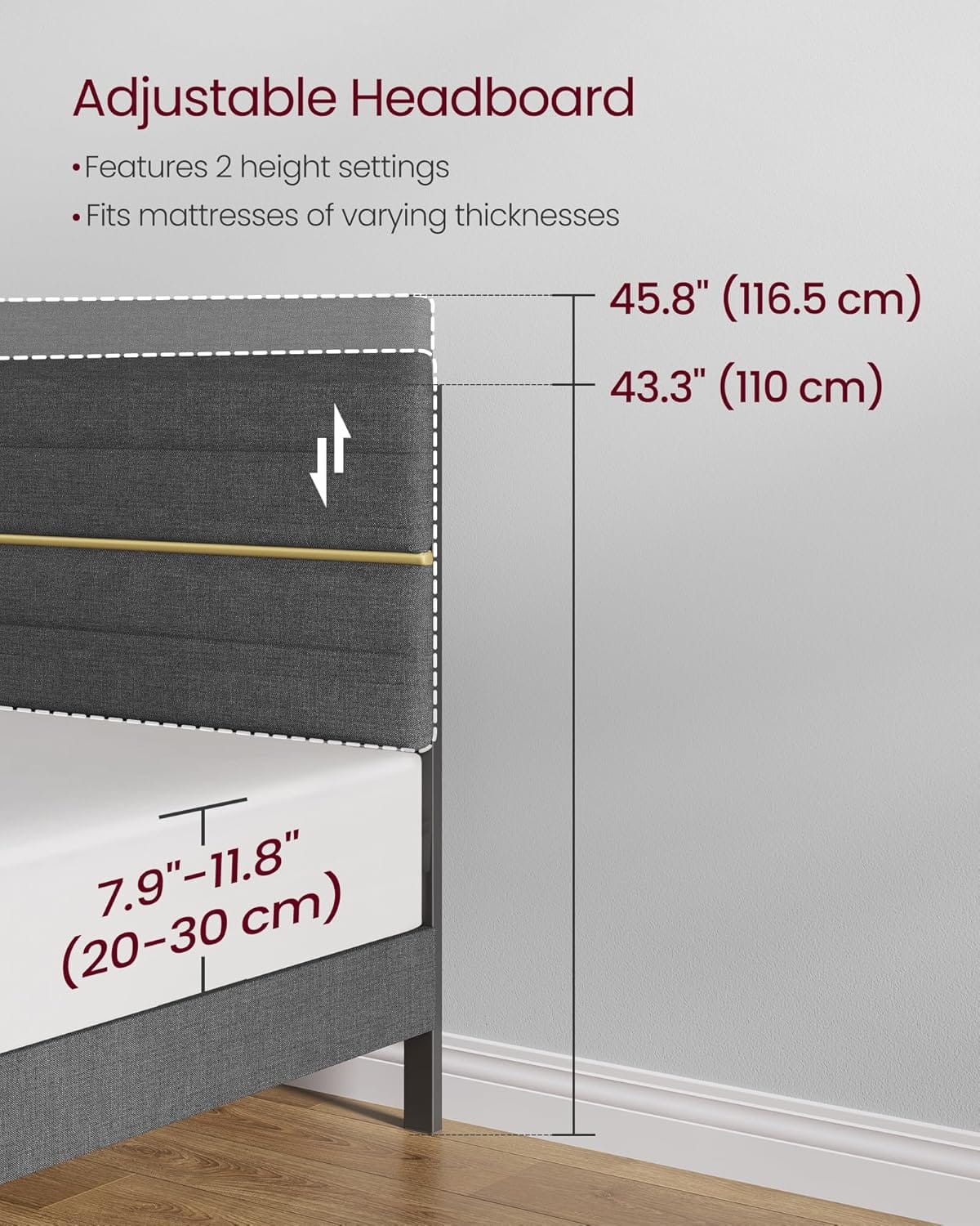 Upholstered Bed Frame | Adjustable Headboard | Metal Frame & Wooden Slats | Double & King