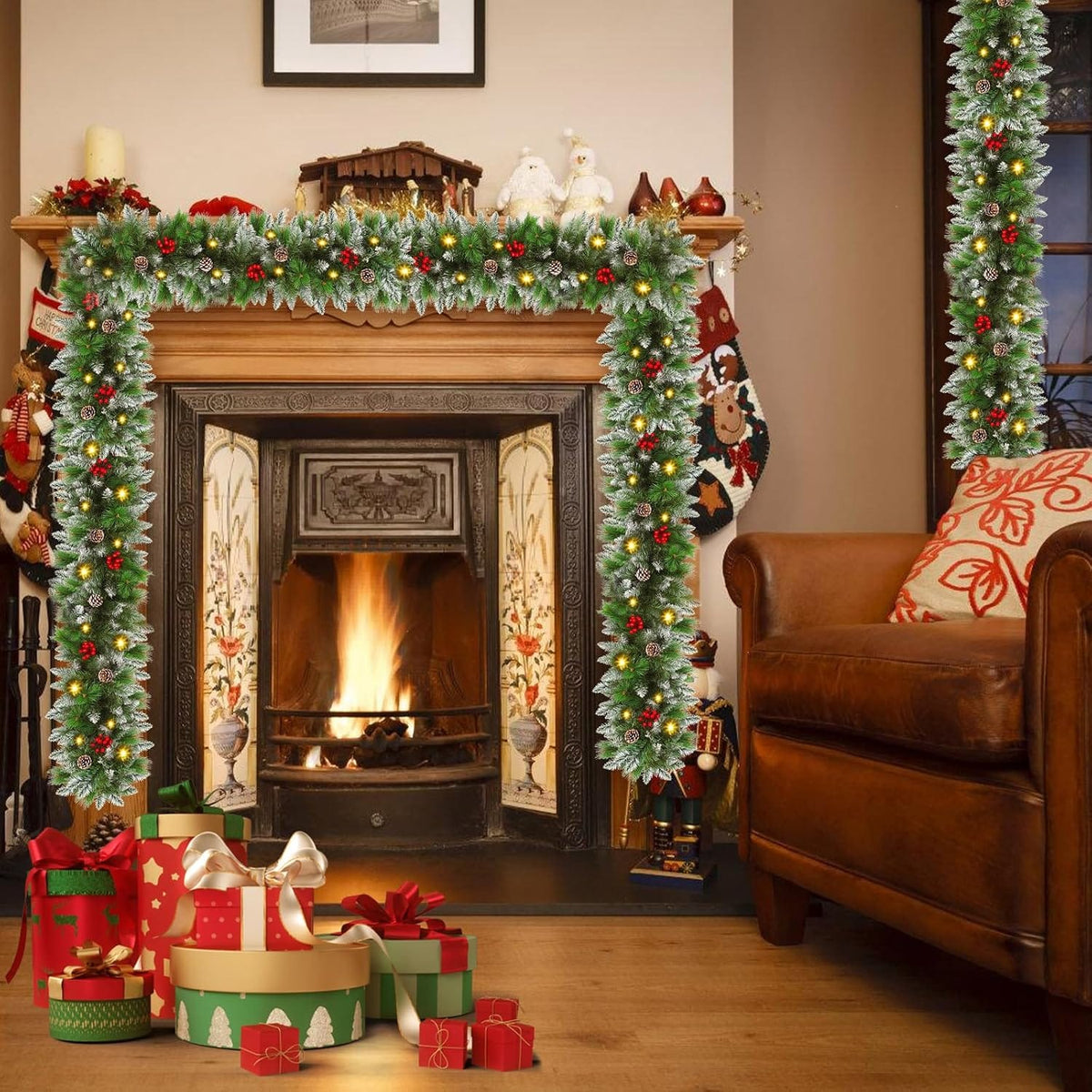 Christmas garland,christmas garland with lights Decorated Snow Tipped Artificial Green Xmas Garland with Pinecones and Red Berries for Home Stairs Fireplace Front, Christmas Decorations 9 Ft