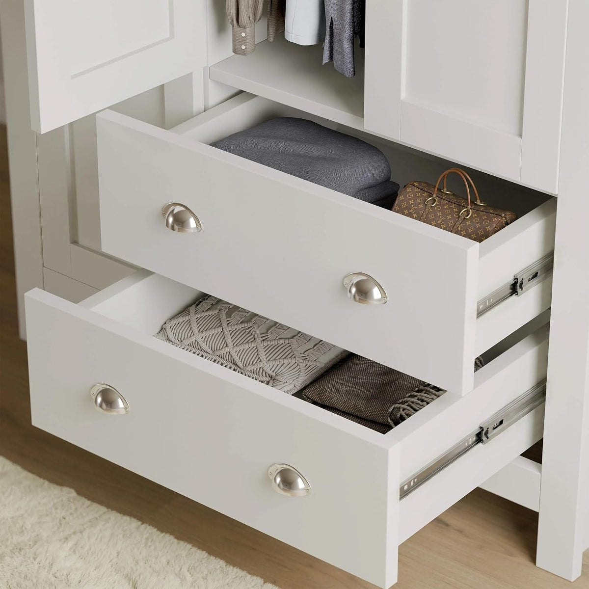 Shano 3 Door Wardrobe with Hanging Rail, 4 Shelves & 2 Drawers | White, Grey & Blue