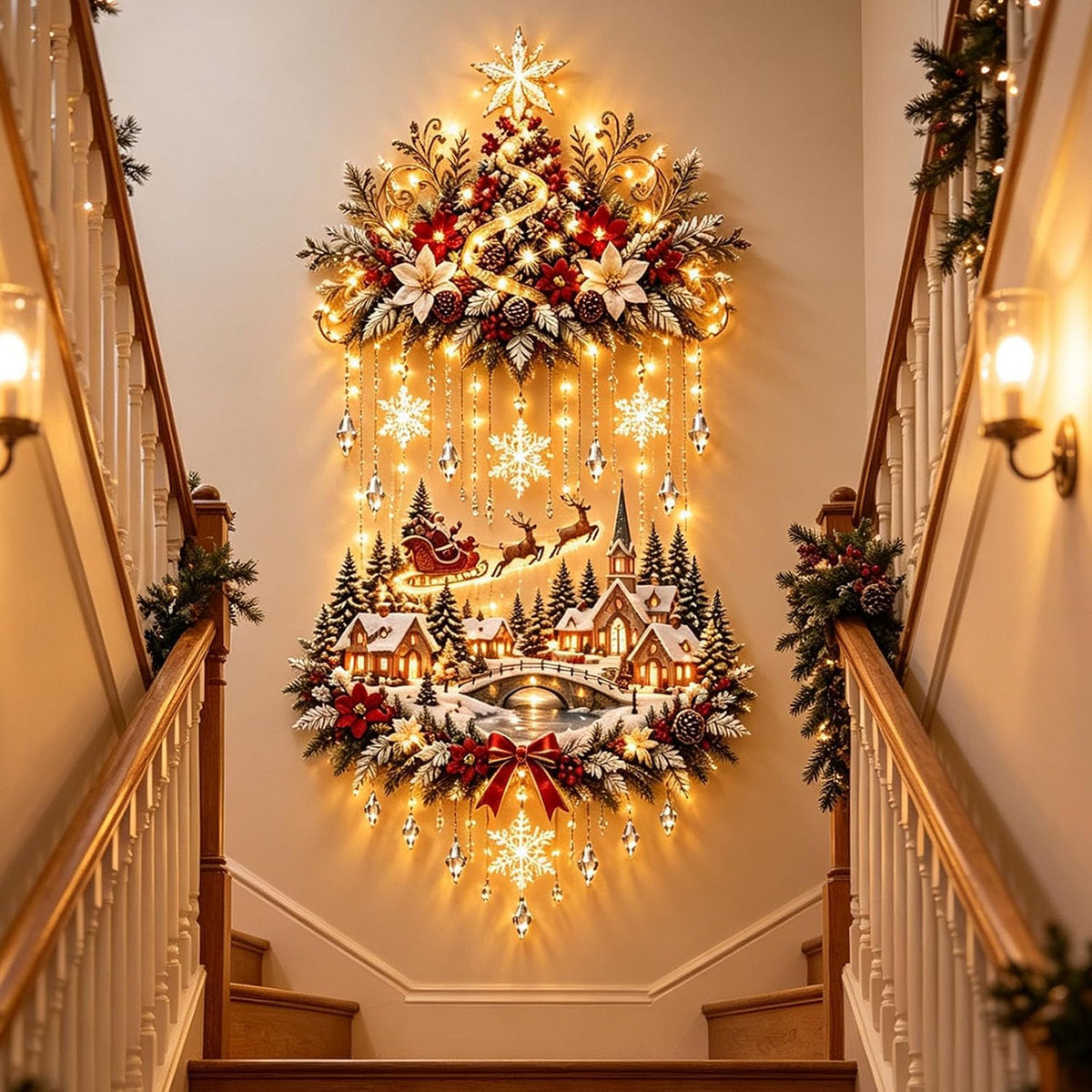 Illuminated Christmas Tree & Village Wall Hanging,Warm Light Holiday Decor